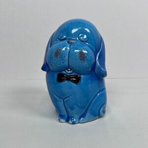Vintage Coin Bank Dog Blue Smiling Puppy Bowtie Japan Ceramic 5.5"‎ Money